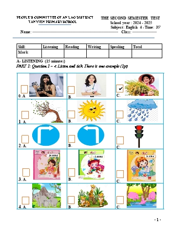 Đề kiểm tra học kì II môn Tiếng Anh Lớp 4 - Năm học 2024-2025 - Trường Tiểu học Tân Viên