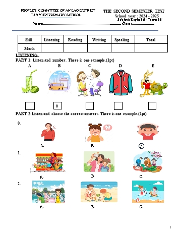 Đề kiểm tra học kì II môn Tiếng Anh Lớp 5 - Năm học 2024-2025 - Trường Tiểu học Tân Viên