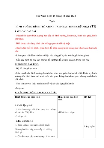 Giáo án môn Toán Lớp 1 (Kết nối tri thức) - Chủ đề 2: Làm quen với một số hình phẳng - Hình vuông, hình tam giác, hình chữ nhật (Tiết 1) - Năm học 2024-2025