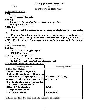 Giáo án môn Toán Lớp 5 - So sánh hai số thập phân (Tiết 1) - Năm học 2023-2024