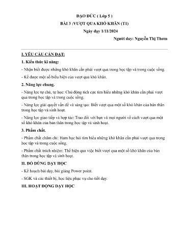 Kế hoạch bài dạy Đạo đức Lớp 5 (Kết nối tri thức) - Bài 3: Vượt qua khó khăn (Tiết 1) - Năm học 2024-2025 - Nguyễn Thị Thơm