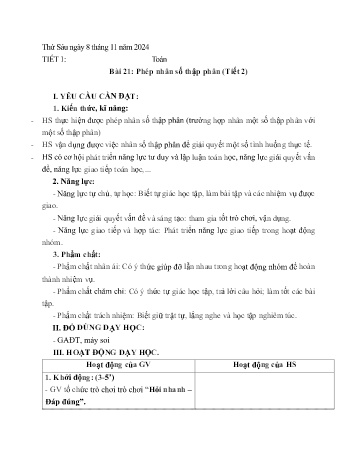 Kế hoạch bài dạy môn Toán Lớp 5 (Kết nối tri thức) - Bài 21: Phép nhân số thập phân (Tiết 2) - Năm học 2024-2025