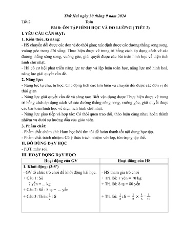 Kế hoạch bài dạy môn Toán Lớp 5 (Kết nối tri thức) - Chủ đề 1: Ôn tập và bổ sung - Bài 8: Ôn tập hình học và đo lường - Năm học 2024-2025