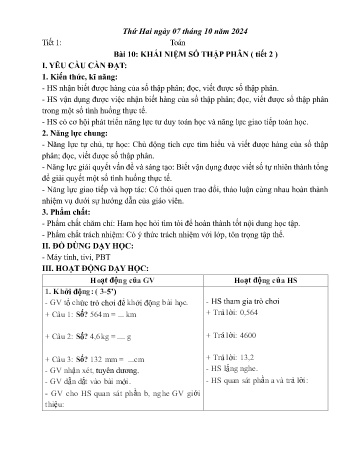 Kế hoạch bài dạy môn Toán Lớp 5 (Kết nối tri thức) - Chủ đề 2: Số thập phân - Bài 10: Khái niệm số thập phân (Tiết 2) - Năm học 2024-2025