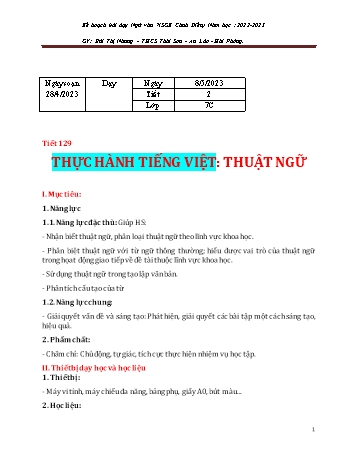 Kế hoạch bài dạy Ngữ văn 7 (Cánh diều) - Tiết 129: Thực hành Tiếng Việt Thuật ngữ - Năm học 2022-2023 - Bùi Thị Nhung