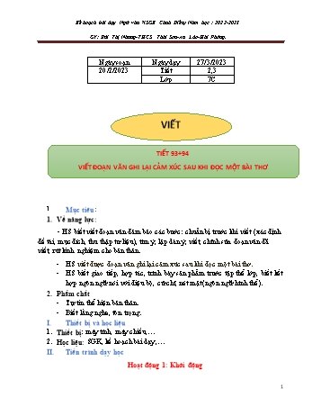 Kế hoạch bài dạy Ngữ văn 7 (Cánh diều) - Tiết 93+94: Viết đoạn văn ghi lại cảm xúc sau khi đọc bài thơ - Năm học 2022-2023 - Bùi Thị Nhung