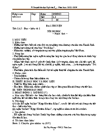 Kế hoạch bài dạy Ngữ văn 8 (Cánh diều) - Bài 1: Truyện - Tiết 3+4+5: Đọc hiểu văn bản 1: Tôi đi học - Năm học 2023-2024 - Bùi Thị Nhung