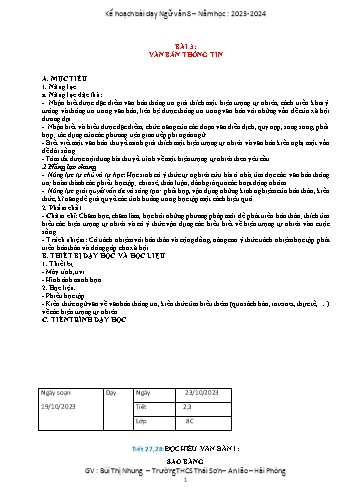 Kế hoạch bài dạy Ngữ văn 8 (Cánh diều) - Bài 3: Văn bản thông tin - Tiết 27+28: Đọc hiểu văn bản 1: Sao băng - Năm học 2023-2024 - Bùi Thị Nhung