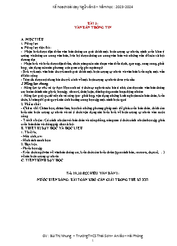 Kế hoạch bài dạy Ngữ văn 8 (Cánh diều) - Bài 3: Văn bản thông tin - Tiết 29+30: Đọc hiểu văn bản 2: Nước biển dâng Bài toán khó trong thế kỉ XXI - Năm học 2023-2024 - Bùi Thị Nhung