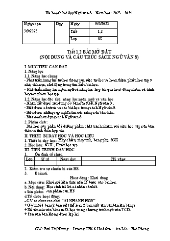 Kế hoạch bài dạy Ngữ văn 8 (Cánh diều) - Tiết 1+2: Bài mở đầu Nội dung và cấu trúc sách Ngữ văn 8 - Năm học 2023-2024 - Bùi Thị Nhung