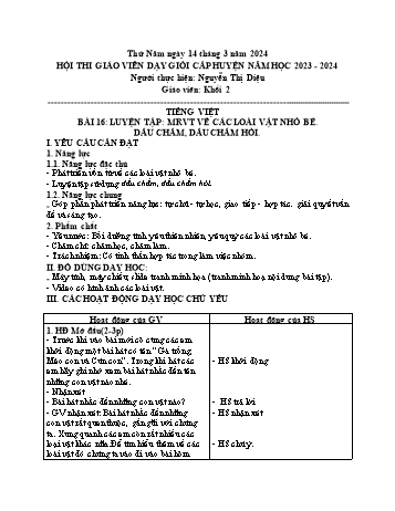 Kế hoạch bài dạy Tiếng Việt Lớp 2 (Kết nối tri thức) - Bài 16: Luyện tập Mở rộng vốn từ về các loài vật nhỏ bé. Dấu chấm, dấu chấm hỏi - Năm học 2023-2024 - Nguyễn Thị Diệu