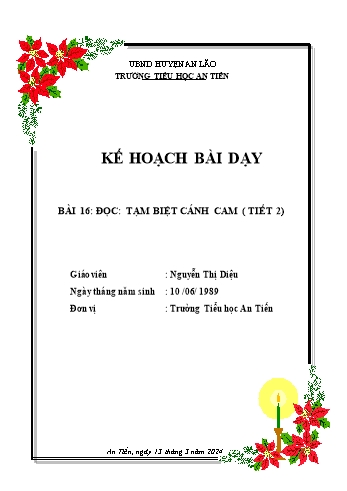 Kế hoạch bài dạy Tiếng Việt Lớp 2 (Kết nối tri thức) - Chủ điểm 6: Hành tinh xanh của em - Bài 16: Đọc Tạm biệt cánh cam (Tiết 2) - Nguyễn Thị Diệu - Năm học 2023-2024