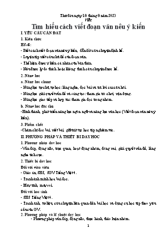 Kế hoạch bài dạy Tiếng Việt Lớp 4 (Kết nối tri thức) - Bài: Mỗi người một vẻ - Viết Tìm hiểu đoạn văn nêu ý kiến - Năm học 2023-2024