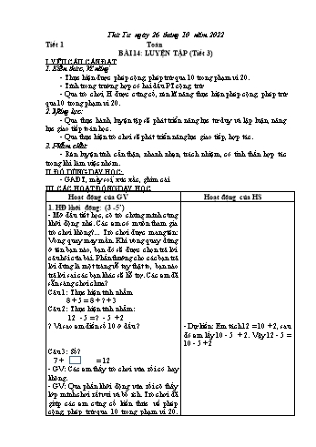 Kế hoạch bài dạy Toán Lớp 2 (Kết nối tri thức) - Chủ đề 2: Phép cộng, phép trừ trong phạm vi 20 - Bài 14: Luyện tập (Tiết 3) - Năm học 2022-2023