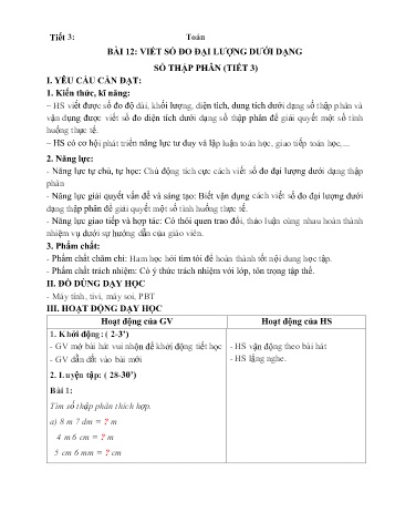 Kế hoạch bài dạy Toán Lớp 5 (Kết nối tri thức) - Chủ đề 2: Số thập phân - Bài 12: Viết số đo đại lượng dưới dạng số thập phân (Tiết 3)